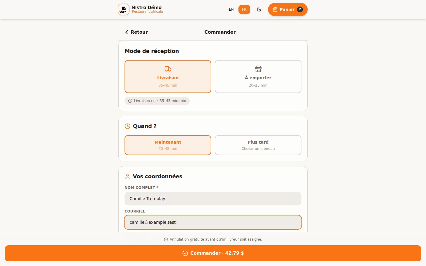 Le panier de la commande 1042 dans la caisse Bistro Démo