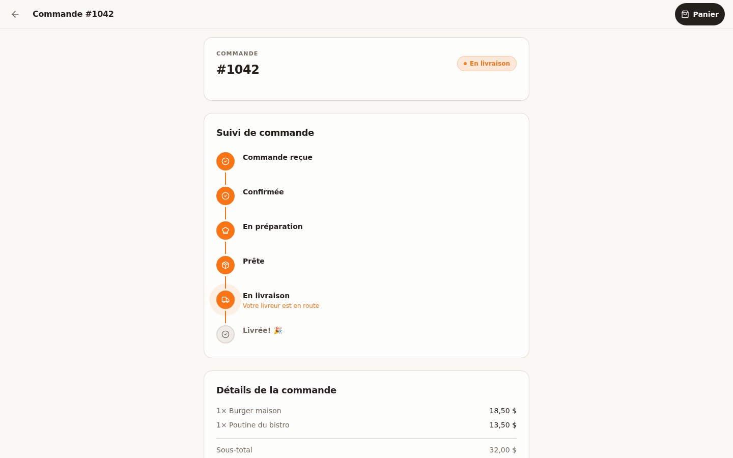 Le suivi de livraison de la commande 1042 en route